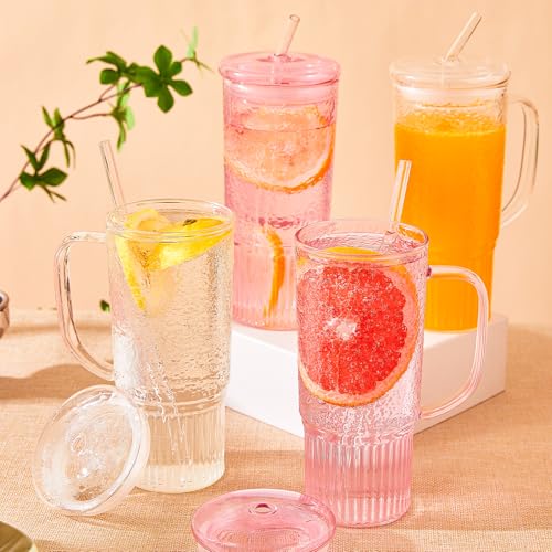 JunVpic Glass Tumbler, 24 oz Glass Cup with Lid, Straw and Handle | Pink glass design, Hammered Texture, reusable straw and lid for iced coffee, tea, smoothies and hot & cold drink - color: Pink, size: 24oz