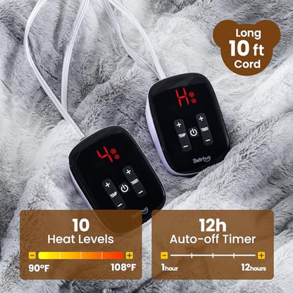 Bearhug Electric Blanket King Size 100" x 90" Dual Controllers Heated Blanket, 10 Heat Settings, 1-12 Hour Auto Shut-Off, Faux Fur & Sherpa Dual-Sided, Machine Washable, Gift-Ready Elegant Packaging - color: Silver Shade Gradient Stripe, size: King Size 1