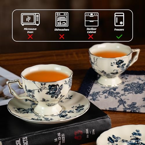 KAMMAK Tea Cups and Saucers Set of 2, 6.8 oz Porcelain Coffee Cups, 563N | Stackable Espresso Mugs, Ceramic Demitasse for Coffee, Cappuccino, Latte, Americano, Tea - size: 7KPSP563N