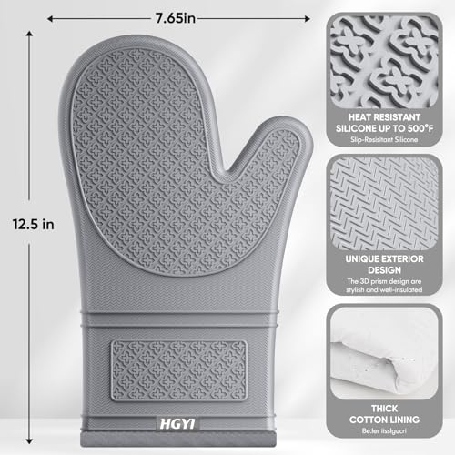 Silicone Oven Mitts, Heat Resistant Oven Gloves with Quilted Liner, Waterproof & Non-Slip Kitchen Mittens for Baking Cooking BBQ, 500°F, 12.5"-Light Gray - color: Light Gray