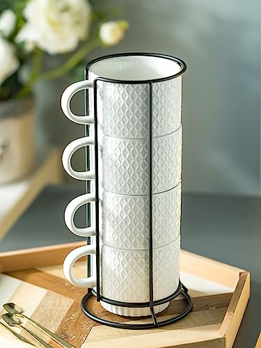 LYEOBOH Stackable Coffee Mugs with Rack, 13 oz Ceramic Coffee Mug Set of 4 with Stand, Latte Cup with Spoon, Cappuccino Cups for Hot Cocoa, Milk, White - color: White
