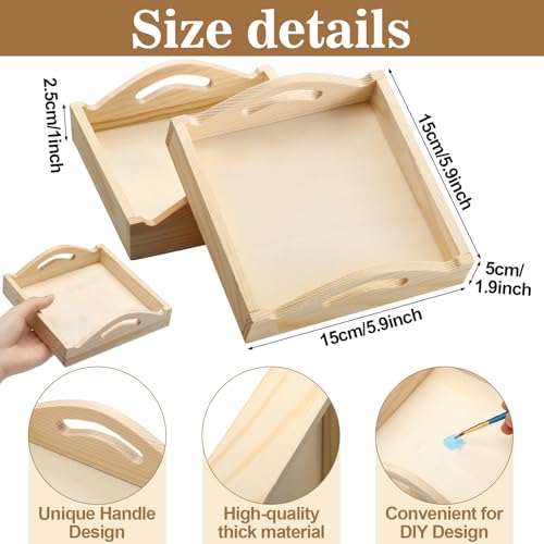 Ferrochef 12 Pcs Unfinished Wooden Trays for Crafts, 5.9 Inch Mini Square Pine Wood Trays with Handles, Blank Wood Serving Tray for DIY Painting, Party Favors, Home Decor