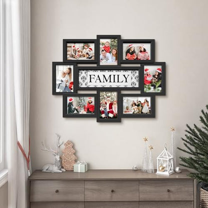 Jerry & Maggie Family Photo Frame 22x17, PVC Picture Frames Collage Wall Decor 9 Opening Wall Hanging For 6x4 Photos 8 Pack, No-Assembly 3D Design Waterproof Memorial Keepsake, Black | 22x17 no-assembly 3D waterproof PVC collage frame, 9 slots for 6x4 pho