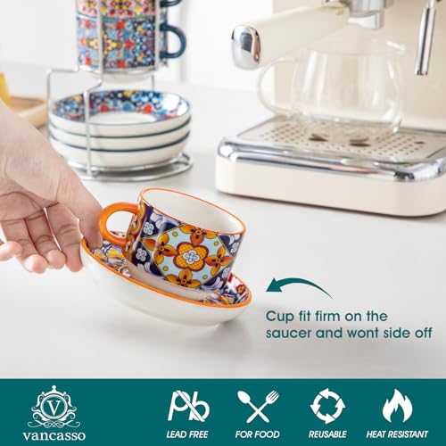 vancasso 4 Oz Bohemian Espresso Cup Set of 4, Ceramic with Saucers | Microwave and Dishwasher Safe, Easy Clean, For Cappuccino, Tea, Latte, Espresso, Stackable Design with Metal Display Stand - size: 4 Oz