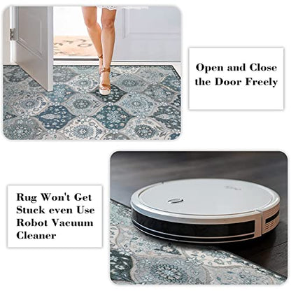 Lahome Moroccan Trellis Round Rug, 5ft, Blue, Faux Wool, Machine Wash, Non-Slip Backing, Low Pile, Floral Pattern, Area Rug for Bedroom, Living Room, Bathroom | Ultra-Thin Small Boho Circle Carpet for Entryway Kitchen Bedroom Nursery Bathroom Vionnet, Blu