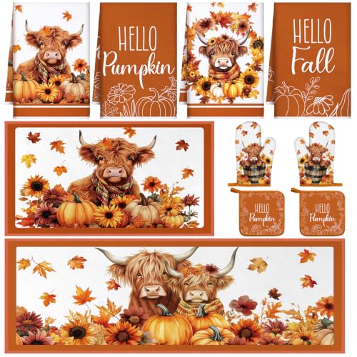 Fourluoo 10 Pcs Fall Highland Cow Kitchen Decor Set | Rugs Towels Oven Mitts and Pot Holders Set, Fall Farmhouse Kitchen Decor Set, for Cooking Baking Grilling Gift - color: Orange, style: Highland Cow