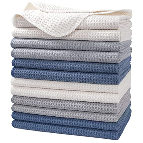 POLYTE 340 GSM Microfiber Waffle Kitchen Dish Tea Towel, 16x28 in, 12 Pack | Lint Free, Quick Dry - color: Dark Blue, Gray, Off White, size: 16x28 in