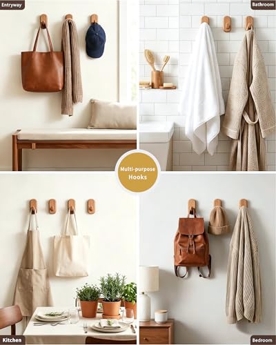 Wooden Wall Hooks for Hanging - 4 Pack Heavy Duty Coat Hooks Wall Mount- Solid Natural Wood Hat, Bag, Backpack & Towel Hooks - Modern Key Holder for Bathroom & Entryway (Beech) - color: Beech