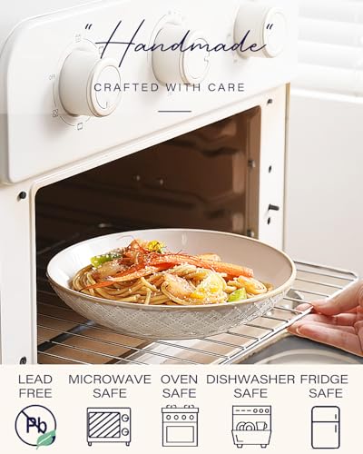 getstar Pasta Bowls, Large Salad Serving Bowls (7.6 inch & 22 oz), Ceramic Bowl Plates Set of 4, Farmhouse Embossments, Microwave and Dishwasher Safe - size: 7.6"/22oz