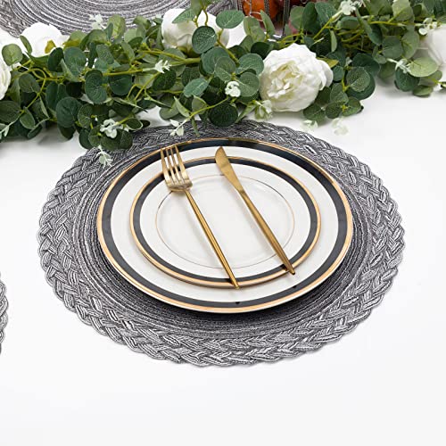 SHACOS Round Placemats Set of 6 Woven Round Table Mats 15 inch Braided Border Washable Cotton Polyester Circle Place Mats, Gray (Pack of 2) - color: Gray, size: 6 pieces (Pack of 2)