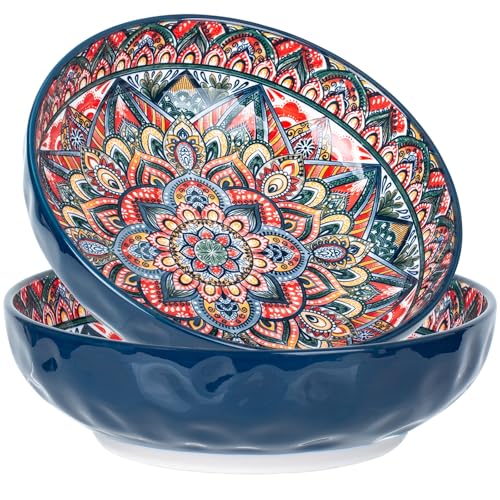 75 Oz Serving Bowls,Bohemian Style Large Porcelain Dishes for Entertaining Parties,Big Bowls for Eating Soup, Salad, Pasta, Fruit, Chips, 10.3 Inch Diameter (blue blue) - color: blue blue