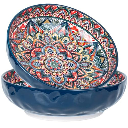 75 Oz Serving Bowls,Bohemian Style Large Porcelain Dishes for Entertaining Parties,Big Bowls for Eating Soup, Salad, Pasta, Fruit, Chips, 10.3 Inch Diameter (blue blue) - color: blue blue