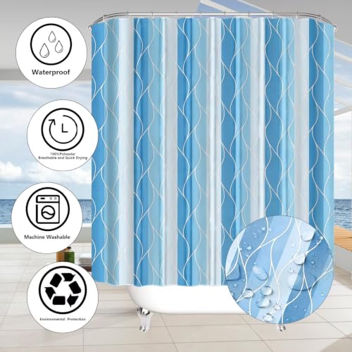 DDQQ 4Pcs Light Blue Bathroom Set Stripe Shower Curtain Set Modern Geometric Shower Curtain for Bathroom with 12 Hooks, Bathroom Carpet Bath Mat and Toilet Rugs - color: Light Blue