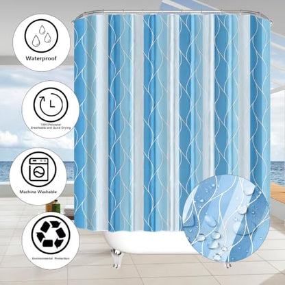 DDQQ 4Pcs Light Blue Bathroom Set Stripe Shower Curtain Set Modern Geometric Shower Curtain for Bathroom with 12 Hooks, Bathroom Carpet Bath Mat and Toilet Rugs - color: Light Blue