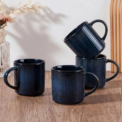 E-far Coffee Mugs Set of 4, 12 oz Stoneware Coffee Cups with Handle for Latte, Tea, Cocoa, Milk, Modern Ribbed Ceramic Mugs for Man Woman, Microwave & Dishwasher Safe, Midnight Blue - color: Midnight Blue