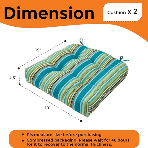 Magpie Fabrics Outdoor Tufted Seat Cushion 19"x19" Set of 2 (Green Striped) | Waterproof Patio Chair Pads with ties Tatami Floor Pillow for Room Garden Balcony Office - color: Green Striped