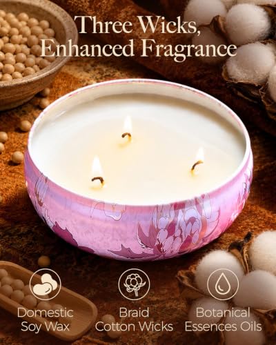 M&SENSE Cherry Blossom Scented Candles 12 oz, Large 3 Wick Soy Tin | Triple Wick, 40 Hour Long Burn, Non-Toxic,100% Natural Soy Wax, Stress Relaxing Aromatherapy Candle Gift for Women Men - color: Cherry Blossom