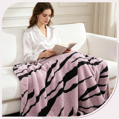 Zebra Printed Fleece Throw Blanket-Cozy Soft Lightweight Fuzzy Throw Blanket for Sofa, Couch, Bed & Chair,Black and Pink, 50" x 70" - color: Black and Pink
