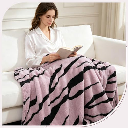 Zebra Printed Fleece Throw Blanket-Cozy Soft Lightweight Fuzzy Throw Blanket for Sofa, Couch, Bed & Chair,Black and Pink, 50" x 70" - color: Black and Pink