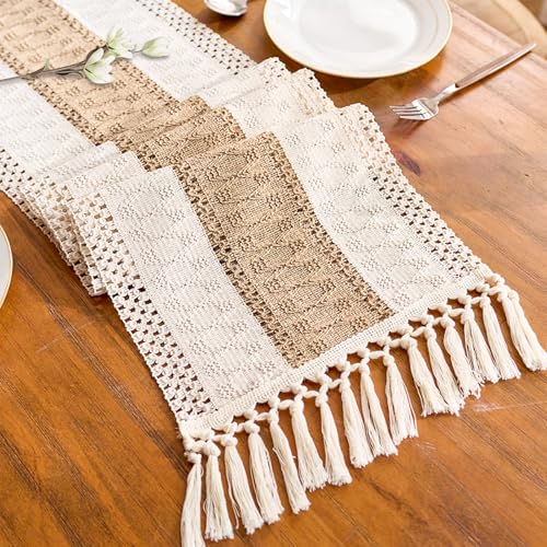 Boho Table Runner for Home Decor with Tassels 90 Inches Long, Farmhouse Rustic Cream & Brown Table Runners for Kitchen Holiday Party and Wedding Decor Runner (12x90in, Fringe Included) - color: Beige & Brown, size: 12"x90"