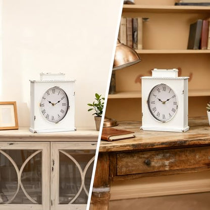 Vintage Mantel Clock, Large Rustic Distressed Metal Table Clock with Handle, Silent Non-Ticking Quartz Movement, Whitewashed Fireplace Shelf Desk Clock for Living Room Bedroom Office - style: White Clock