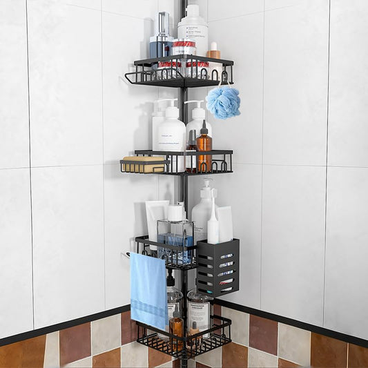 4-Tier Rustproof Corner Shower Caddy with Tension Pole, 42-115 Inch Adjustable Height Shower Organizer, Shower Shelves with Hooks, Soap Dish, Toothbrush Holder, Freestanding Bathroom Organizer (Black) - color: Black
