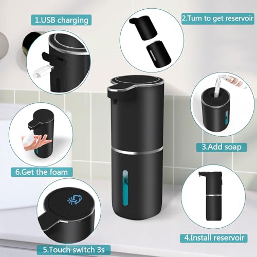 Automatic Soap Dispenser – Touchless Foaming Soap Dispenser 400ml USB Rechargeable Dispenser Electric Wall Mounted 4levels Adjustable Foam Dispenser Pump for Bathroom Kitchen Dish Soap(Black) - color: Black, style: Foam