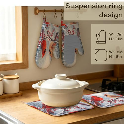 Winter Cardinal Bird Oven Mitts and Pot Holders Sets Silicone Kitchen Mitts Potholders Heat Resistant 4Pcs Oven Gloves Hot Pads for Kitchen Baking Cooking - color: Winter Cardinal Bird