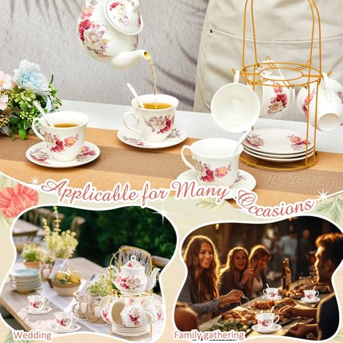 Zhehao 20 Pcs Porcelain Tea Set with Metal Holder and Spoon Adult Ceramic Tea Set European Flower Painting Teapot Cup Saucer Spoon for Women Mom Gift, Large Version (Grace Style) - color: Grace Style
