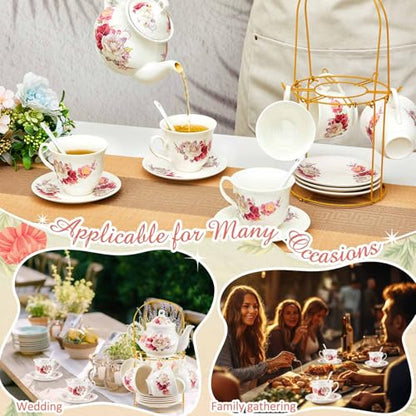 Zhehao 20 Pcs Porcelain Tea Set with Metal Holder and Spoon Adult Ceramic Tea Set European Flower Painting Teapot Cup Saucer Spoon for Women Mom Gift, Large Version (Grace Style) - color: Grace Style