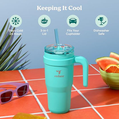 REDUCE 24 oz Stainless Steel Tumbler with Handle - Dual-Wall Vacuum Insulated Travel Mug, Sweat-Proof Lid & Reusable Straw - Keeps Drinks Cold for 24 Hrs, Fits Cupholders, Dishwasher Safe - Mojito - color: Mojito, size: 24 Ounces