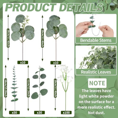 Palonu 200 Pcs 5 Kinds Mixed Artificial Eucalyptus Leaves Stems Bulk Babys Breath Eucalyptus Bundle Faux Plants Greenery for DIY Bouquets Floral Arrangement Wedding Engagement Party Decor
