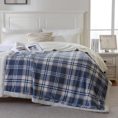 PU MEI Sherpa Blanket Twin Plaid Thick Bed Blanket, 60”*80” Super Soft Flannel Fuzzy Fleece Reversible Velvet Plush Warm Blanket for Couch (Blue White Check) - color: Blue White Check, size: 60"*80"