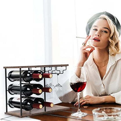 MOOACE Countertop Wine Rack, Wine Bottle Rack with Glass Holder | Freestanding, Holds 6 Bottles and 4 Glasses, For Home Bar Tabletop Kitchen Cabinet, Wood & Metal