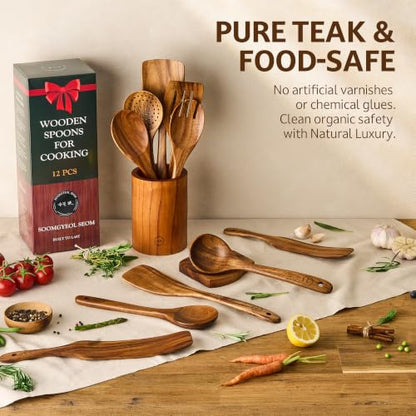 SOOMGYEOL SEOM 12-Piece Teak Wood Cooking Utensil Set With Holder | Natural Teak Wood, Uncoated, 8 Cooking Utensils, 2 Spurtles, Holder & Spoon Rest, Nonstick Safe - size: 12 PCS Set