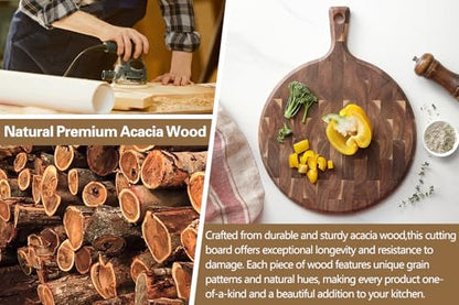 XINZUO Acacia Wood End-Grain Round Cutting Board with Handle for Kitchen Bread Pizza Cheese Fruit Charcuterie Serving Cutting Board, Two-sided Use, 16.7 x 12.5 x 0.75 inches - size: 16.7"L x 12.5"W