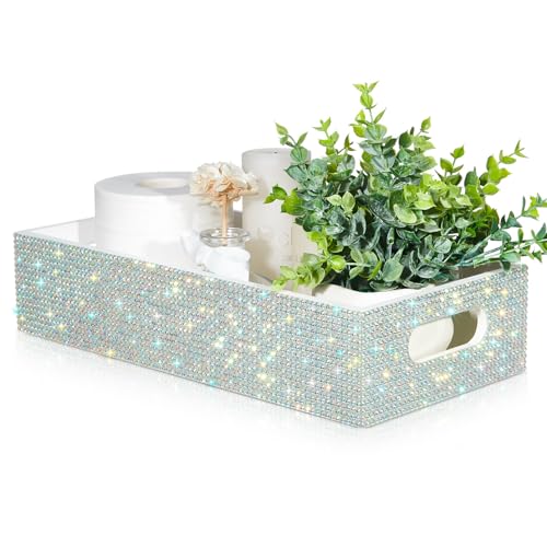 Honeydak Bling Rhinestone Bathroom Basket with Handle 13" x 6" x 3" Toilet Tank Tray, Crushed Diamond Bathroom Decor Accessories, Back of Toilet Storage Organizer, Sparkly Gifts for Women(White) - color: White Rhinestone, style: Rhinestone