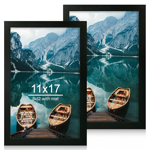 Hongkee 11x17 Frame Set of 2, Rustic Black Wood Style - Display 11 x 17 Poster without Mat or 8x12 Picture with Mat, Wall Mounting Horizontal and Vertical - color: Rustic Black, size: 11x17 in