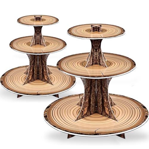 Rustic Woodland Cupcake Stand Set, 2 Pack 3-Tier Dessert Tower for Safari Birthday, Baby Shower, Camping & Woodland Party Decor