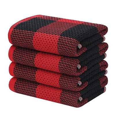 Homaxy 100% Cotton Plaid 4 Pack Kitchen Towels, 13" x 28", Black & Red | Waffle Weave, Plaid, Super Soft and Absorbent Dish Towels, Quick Drying, Multi-Purpose - color: Black & Red, size: 13 x 28 - 4 Pack