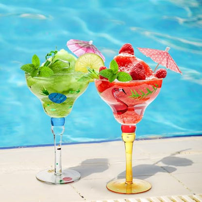 ZAVOOS Set of 2 Margarita Glass, 10 Oz Mexican Hand Blown Glass for Martini | Hand Painted Modern Wine Glasses, Elegant Coupe Cocktail Drinkware for Champagne, Cinco de Mayo, Party Decorations