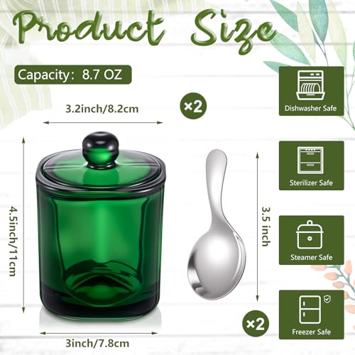 Reallnaive 2 Pack Glass Salt Cellar with Lid and Spoon, 8.7 oz, Green | Storage Container, Wide Opening, Heavy Bottom, Dishwasher Safe, for Countertop Salt, Sugar, Pepper, and Spice Storage - color: Green