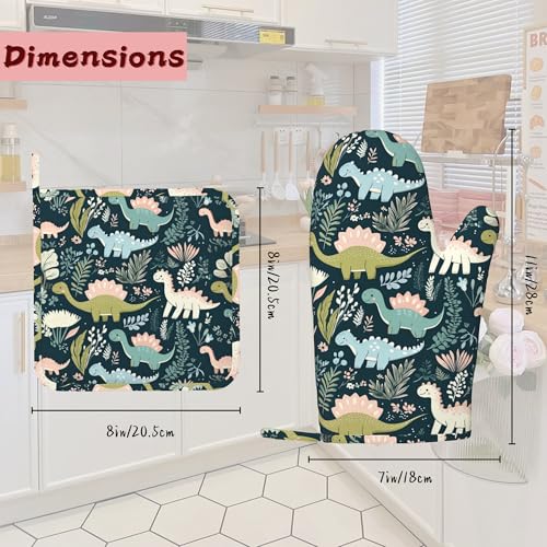 Cute Dinosaur Heat-Resistant Silicone Oven Mitts and Pot Holders 4 Piece Set,Extra Long Non-Slip Kitchen Oven Gloves for Cooking, Baking, BBQ,Grilling - color: Cute Dinosaur