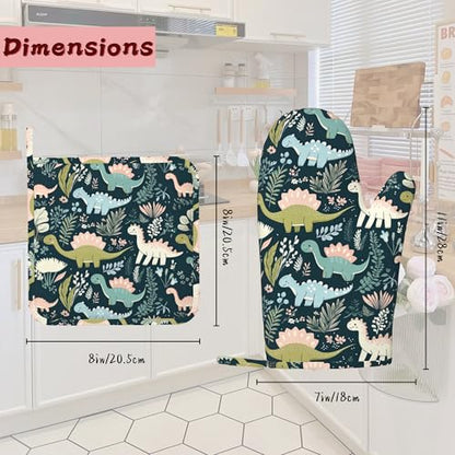 Cute Dinosaur Heat-Resistant Silicone Oven Mitts and Pot Holders 4 Piece Set,Extra Long Non-Slip Kitchen Oven Gloves for Cooking, Baking, BBQ,Grilling - color: Cute Dinosaur