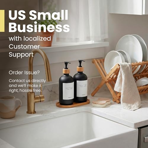MaisoNovo Glass Dish Soap Dispenser for Kitchen Set of 2-16.9oz Dish and Hand Soap Dispenser Set for Kitchen - Black Glass Bottles x 2 with Black Bamboo Pumps & Tray - color: Black Bottles/Black Bamboo Pumps