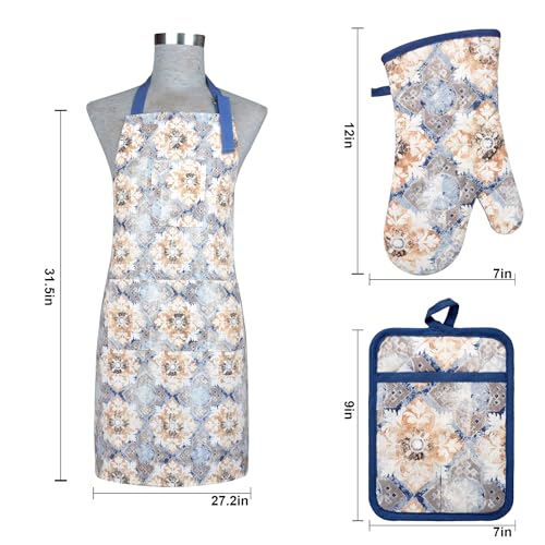 Oven Mitts and Pot Holders with Cooking Apron Set of 5, Heat Resistant Kitchen Gloves and Silicone Non-Slip Potholders, Adjustable Neck Buckle Chef Apron, Cotton Nice Design for Cooking (Blue Retro) - color: Blue Retro