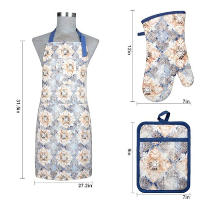 Oven Mitts and Pot Holders with Cooking Apron Set of 5, Heat Resistant Kitchen Gloves and Silicone Non-Slip Potholders, Adjustable Neck Buckle Chef Apron, Cotton Nice Design for Cooking (Blue Retro) - color: Blue Retro