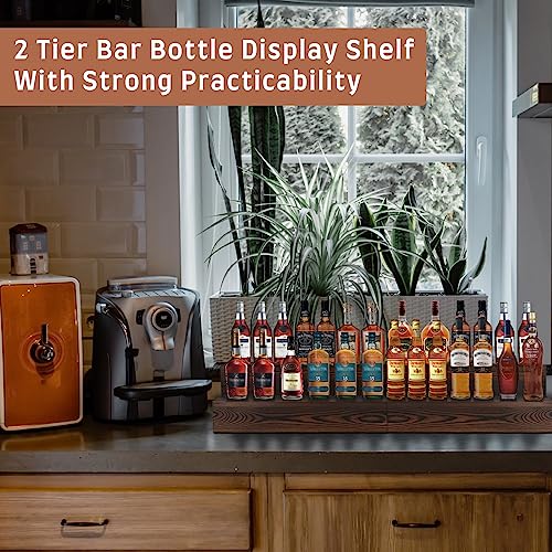 Liquor Bottle Display Shelf, 2 Pack Wood Bar Shelves, Tabletop Wine Rack, Bottle Stand for Liquor Display, Home Bar Display