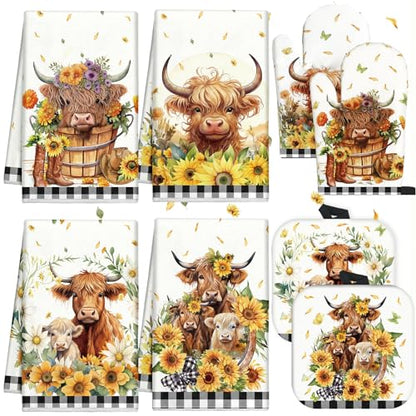 VitalCozy 8 Pcs Highland Cow Kitchen Towels Pot Holders Oven Mitt Set Absorbent Highland Cattle Dish Towels Square Potholders Watercolor Heat Resistant Glove for Home Cooking Baking Gift(Sunflower) - style: Sunflower