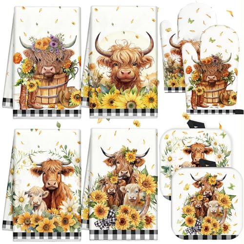 VitalCozy 8 Pcs Highland Cow Kitchen Towels Pot Holders Oven Mitt Set Absorbent Highland Cattle Dish Towels Square Potholders Watercolor Heat Resistant Glove for Home Cooking Baking Gift(Sunflower) - style: Sunflower